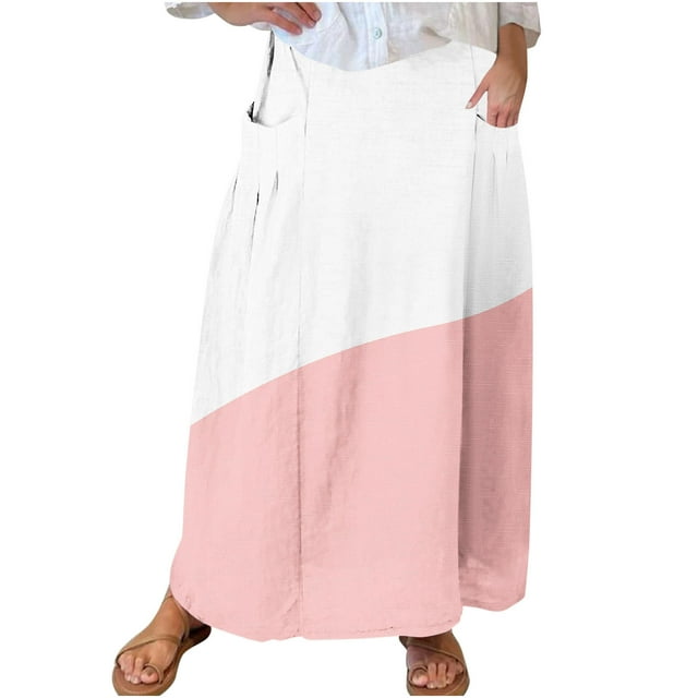 Mrat Jupe Longue Décontractée Rétro à Fleurs en Lin Taille Élastique Plissée avec Poches Grande Taille P-153 Rose-A 4TG
