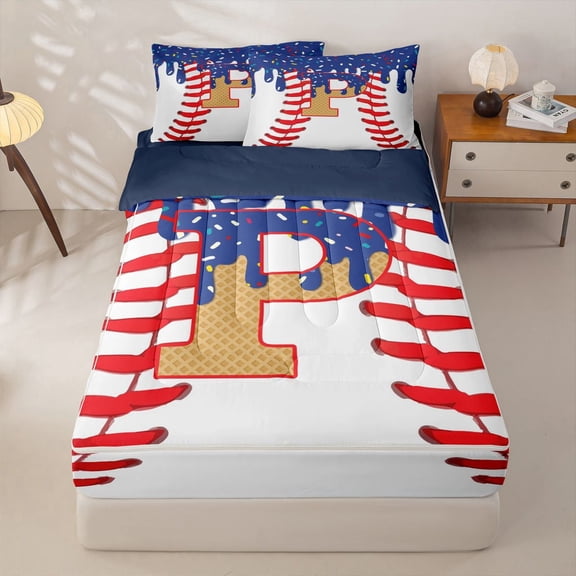 Homewish Boys Ball Games Zipper Twin Comforter Sets with Fitted Sheet and 2 Pillowcases,Ice Cream Baseball P Alphabet Zipper Bedding Set For Kids Teens,Navy Blue Reversible,4 Pieces