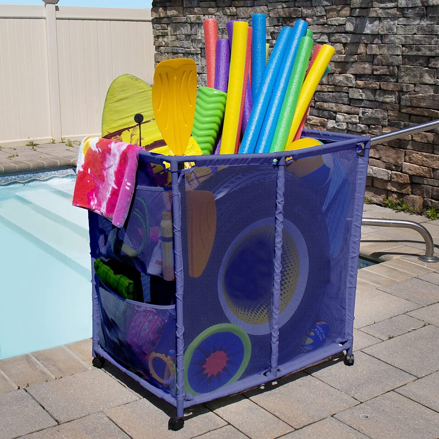 Essentially Yours Rolling Pool Toy Storage Bin, Pool Floats, Balls and Equipment Organizer, Large, Blue, 35" W x 25.4" L x 37.5" H