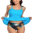thumbnail image 4 of AMERTEER Summer Ladies Split Swimwear Set  Solid Color Flouncing Camisole + Leaves Printing Mid Waist Shorts Large Size Swimsuit, 4 of 7