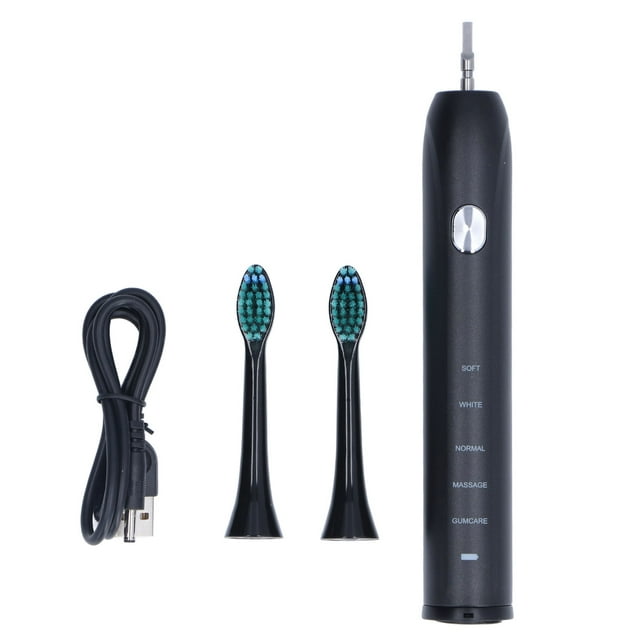 Cepillo de dientes eléctrico suave para adultos, carga USB negra, 5 modos, cepillo de dientes ultrasónico blanqueador resistente al agua con 2 cabezales