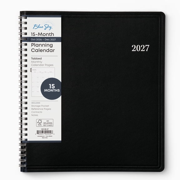Blue Sky 2027 15-Month Monthly Planner Calendar, October 2026 - December 2027, 8” x 10”, Durable Faux Leather Cover, Laminated Tabs, Concealed Wirebound, Storage Pocket, Enterprise