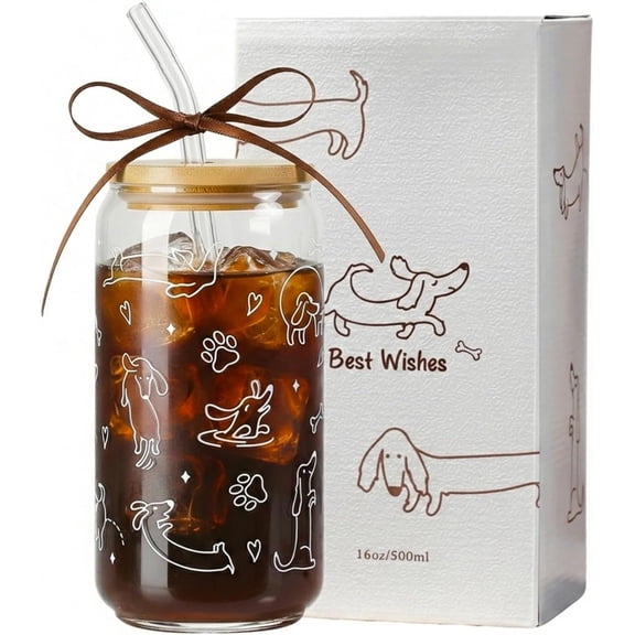 Dachshund for Women, Funny Wiener Gifts Glass Cup with Lid & Straw Coffee & Smoothie Tumbler for Weenie Lovers Owners Moms Wife teens Sister for Mother's Day Birthday