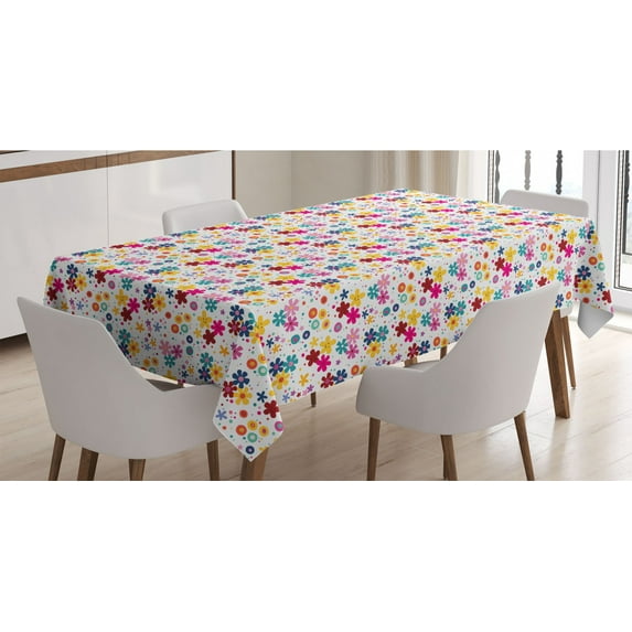Floral Tablecloth, Colorful Floral Arrangement with Smiling Faces Dots and Circles Abstract Composition, Rectangle Satin Table Cover for Dining Room and Kitchen, 52" X 70", Multicolor, by Ambesonne