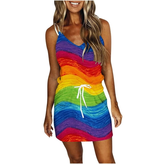 Ichuanyi Clearance Summer Dresses Women Casual V-Neck Sleeveless Bandage Stripe Printing Loose Vest Sling Dress