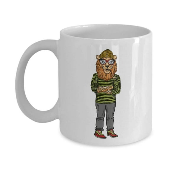 Hipster Lion With Tattoo & Wearing Trendy Hippie Clothes Novelty Animal Lovers' Coffee & Tea Gift Mug, Cup, Room Décor, Items, Products, Dinnerware, And Things For Teen, Youth, Men & Women Hipsters