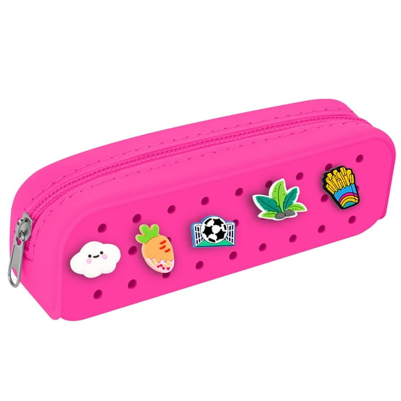 Silicone Small Pencil Pouch – Small Pencil Case with DIY Holes and Decorative Charms, Multipurpose Makeup Bag or Stationery Organizer, Large Capacity