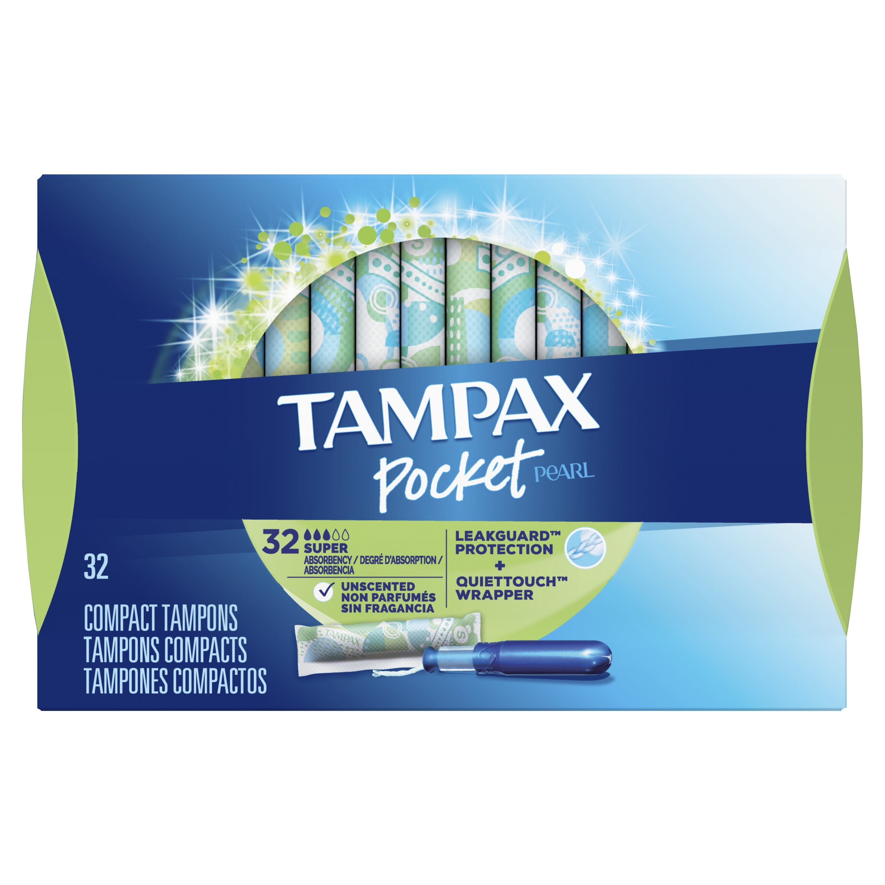 Tampax Pocket Pearl Tampons, Unscented, Super Absorbency, 32 ct