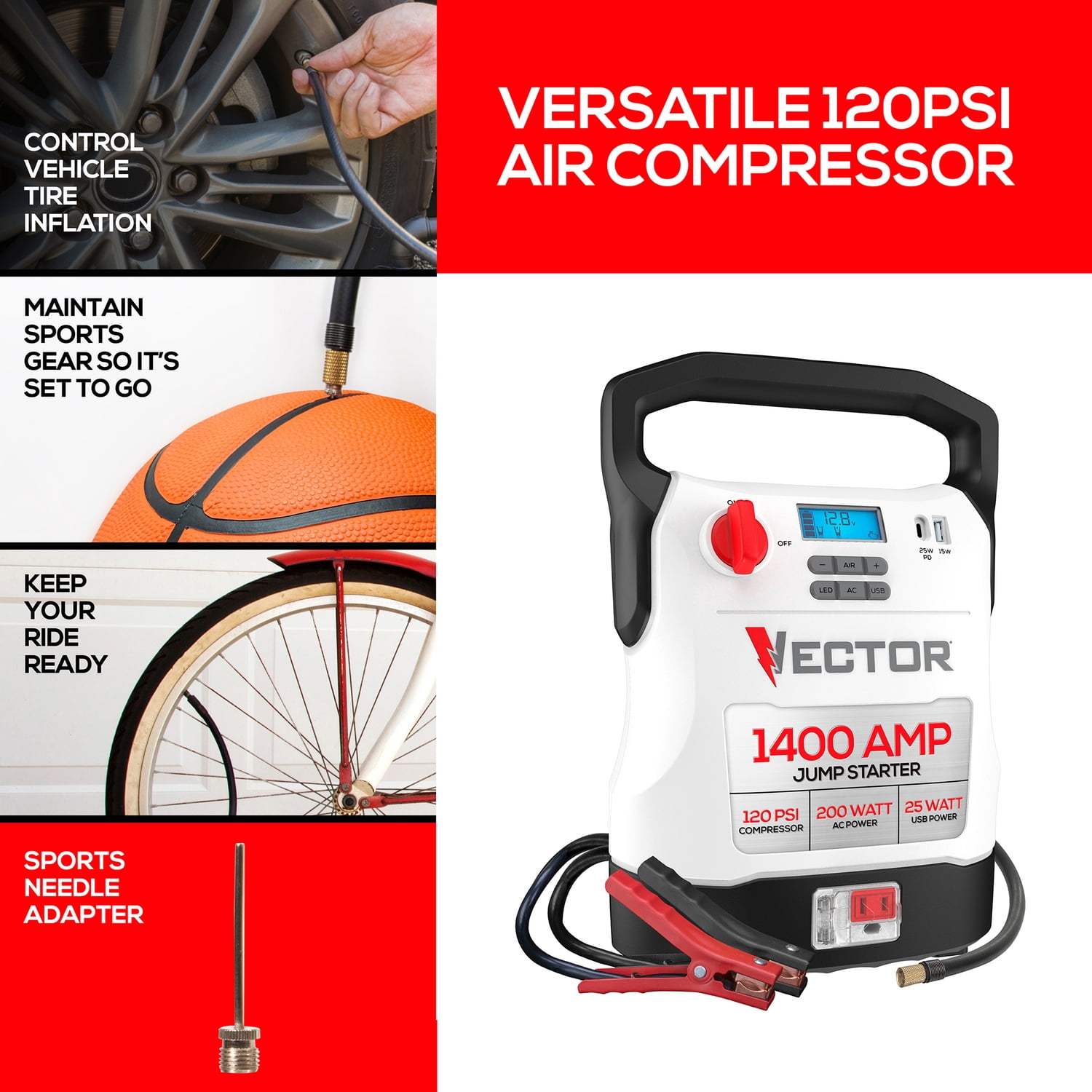 Vector Portable Car Jump Starter, 120-PSI Air Compressor, and USB Power Bank with 1,400-Amp Peak for V8 Cars/Trucks, AC Outlet, Clamps, LED