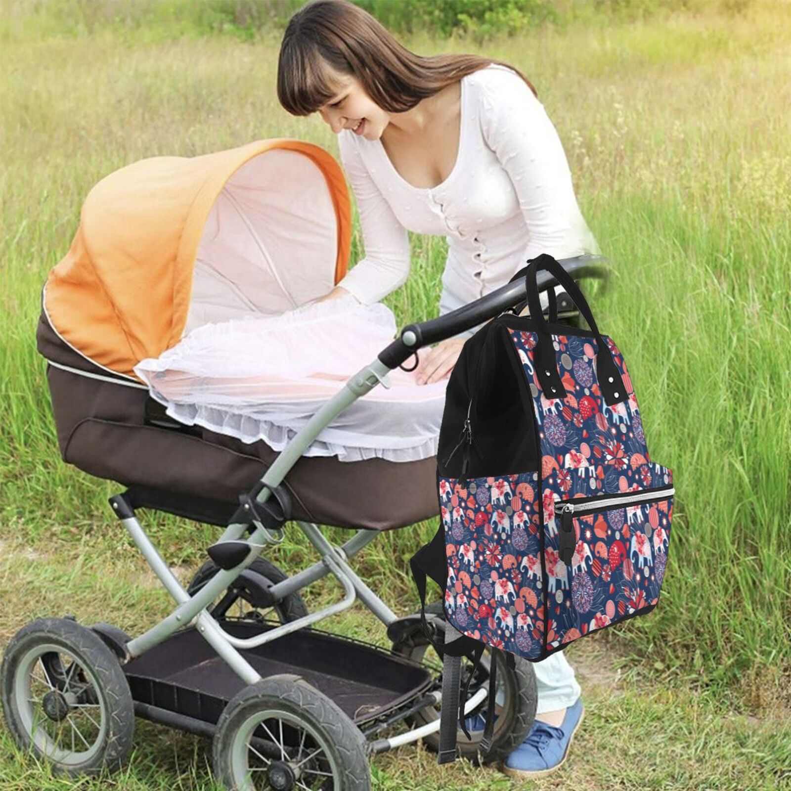 Fuzoiu Elephants Print Diaper Bag Backpack,Baby Essentials Travel Tote,Multi function Waterproof Diaper Bag, Travel Essentials Baby Bag - Unisex