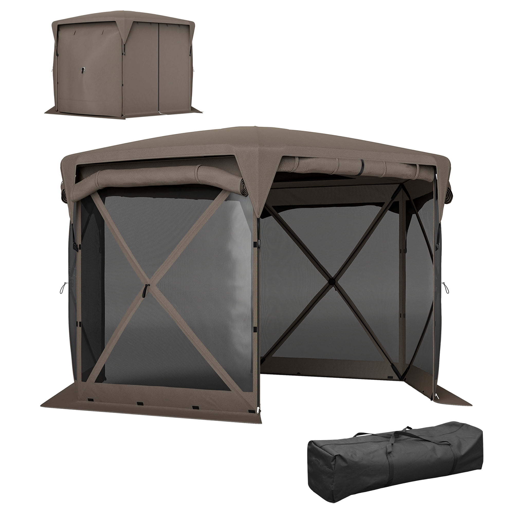 Outsunny 11 x 11ft Pop Up Gazebo Screen Tent with Removable Roof Cover, 4 Roll-up Wind Panels for Camping, Patio, Backyard, Lawn, Brown
