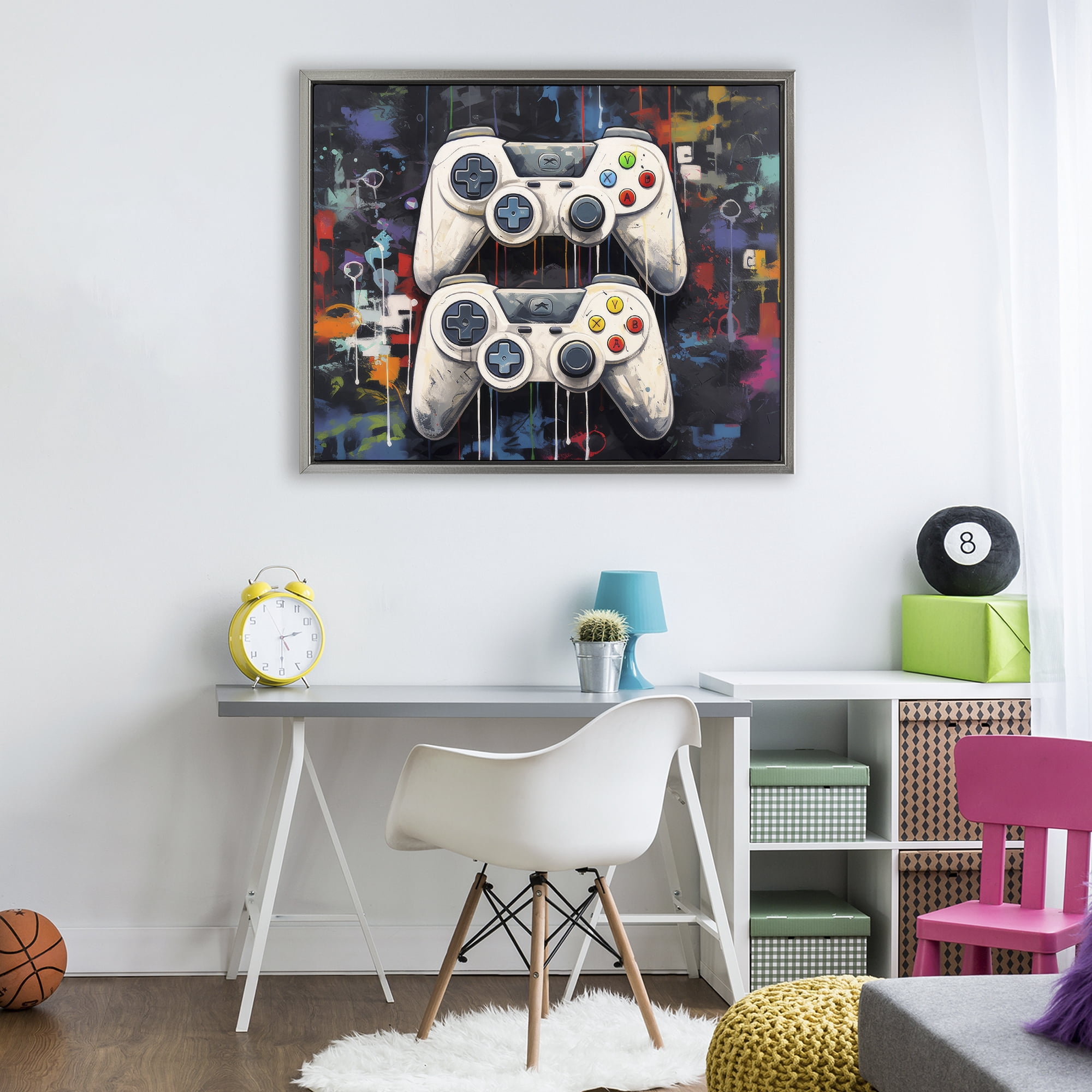 Stupell Industries Joystick Journeys with Paint Splatter Gray Framed Floater Canvas Wall Art, design by Lazar Studio