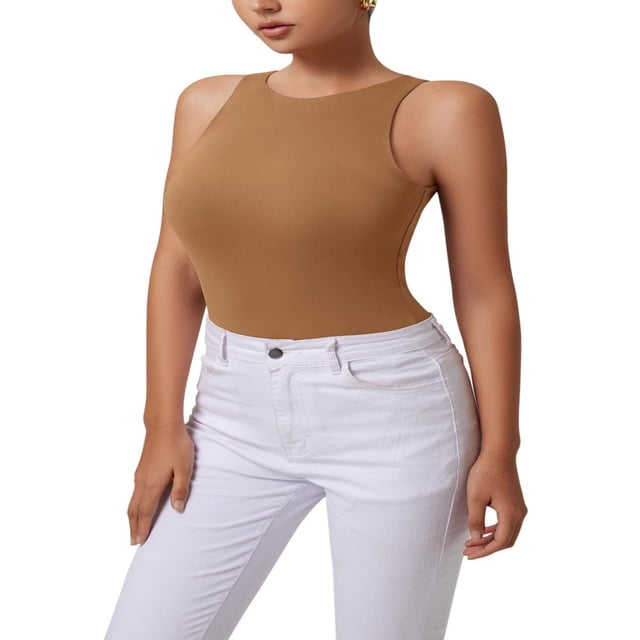 QJUHUNG Tank Bodysuit for Women Halter Neck Sleeveless Ribbed Bodysuit Basic Tank Tops