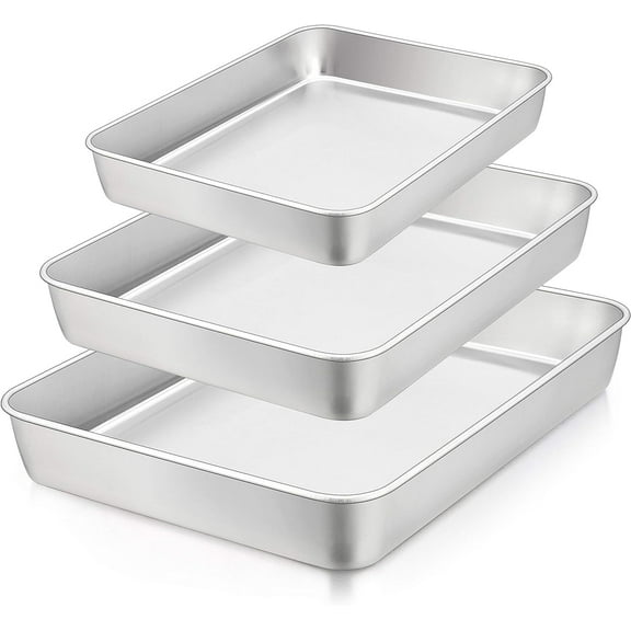Walchoice Baking Pan Set of 3, Stainless Steel Cake Pans Rectangle Bakeware Set, Metal Lasagna Pans Includes 12.3/10.4/9.3 inch