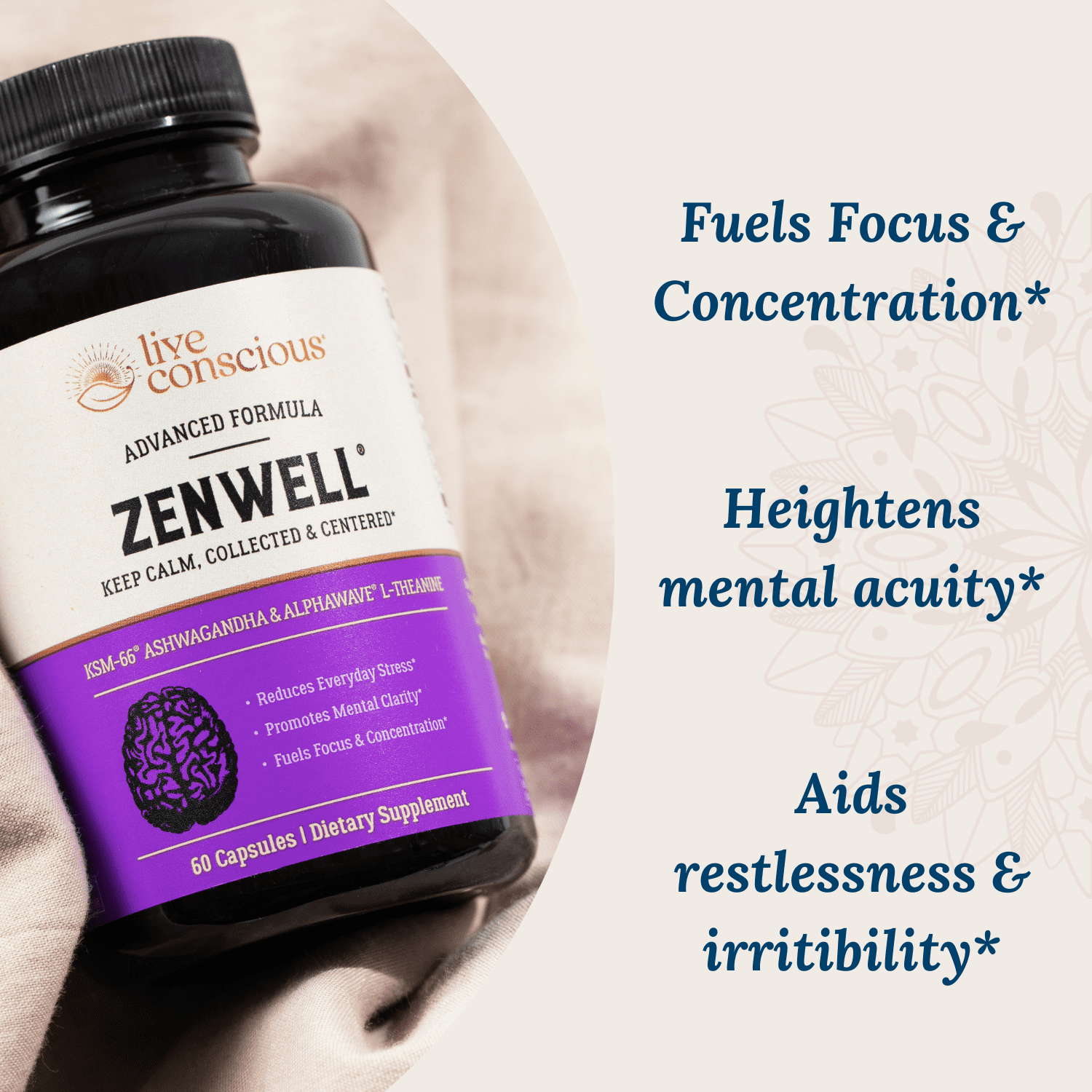 Live Conscious ZenWell KSM-66 Ashwagandha & L-Theanine, Stress Relief, Sleep & Brain Health Support, 60 Capsules (2-pack)