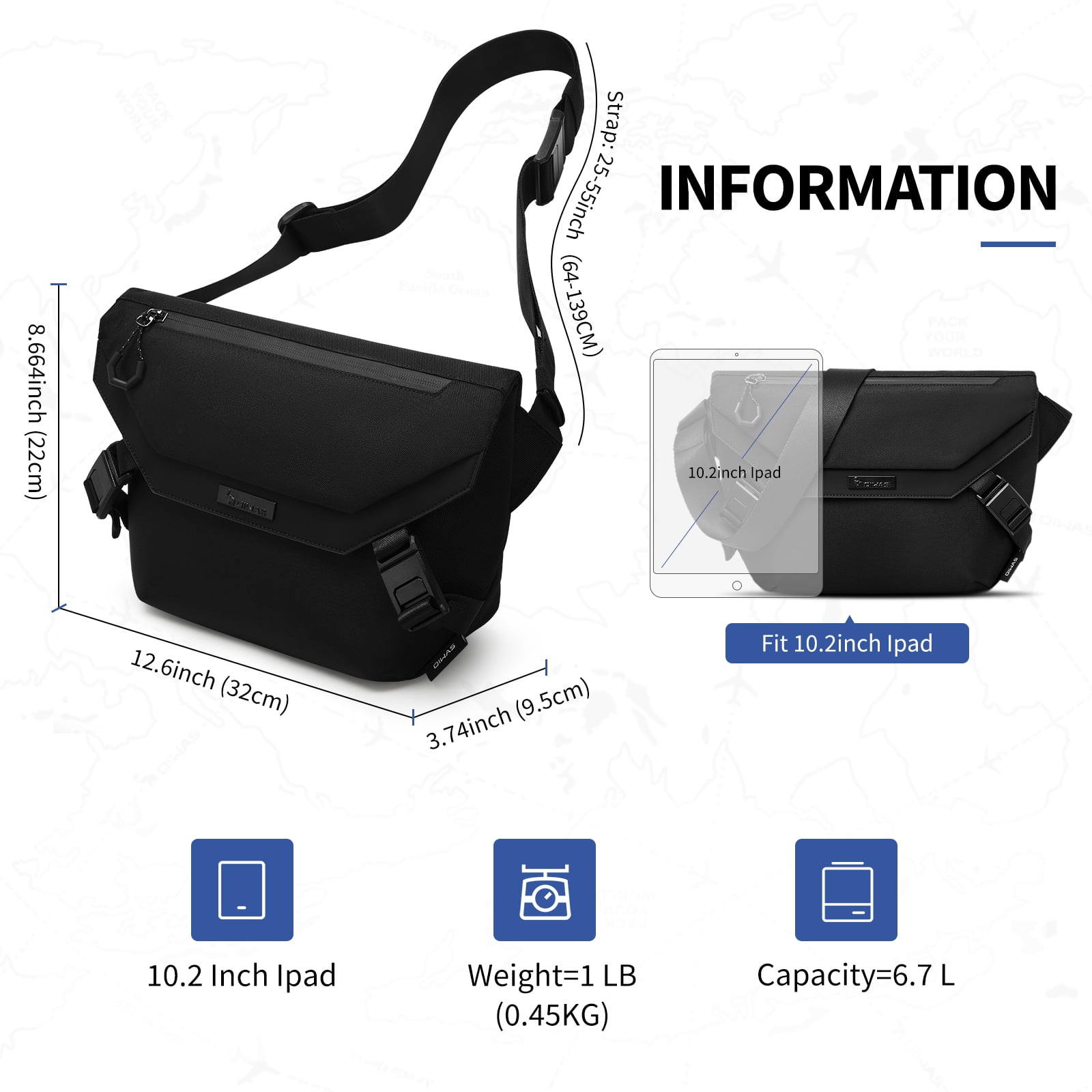 OIWAS Sling Crossbody Bag for Men, Lightweight Chest Shoulder Pack for Travel Gym, Black