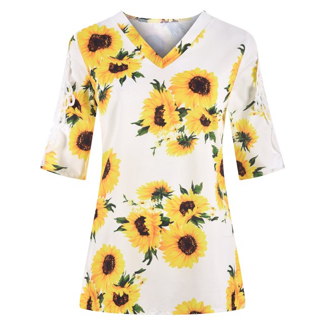 Pompotops T-Shirt Mode Femme Imprimé Dentelle Col en V Manches Courtes Blouse Tops Tee