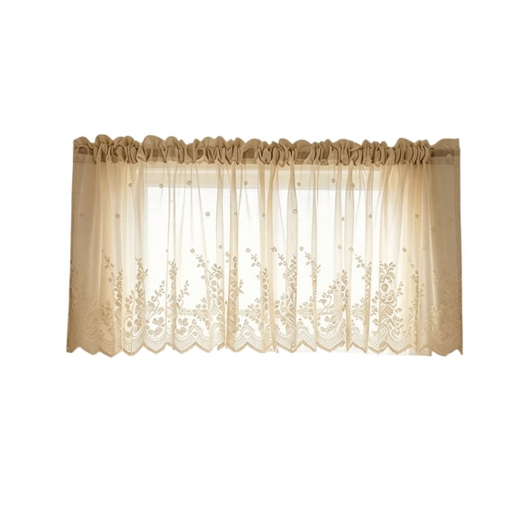 Kitchen Cafe Curtains, Sheer Lace Short Tiers 55x24in Rod Pocket Finished Voile Drapes for Small Windows Bathroom and Cafe Bistro Window Treatments, Beige
