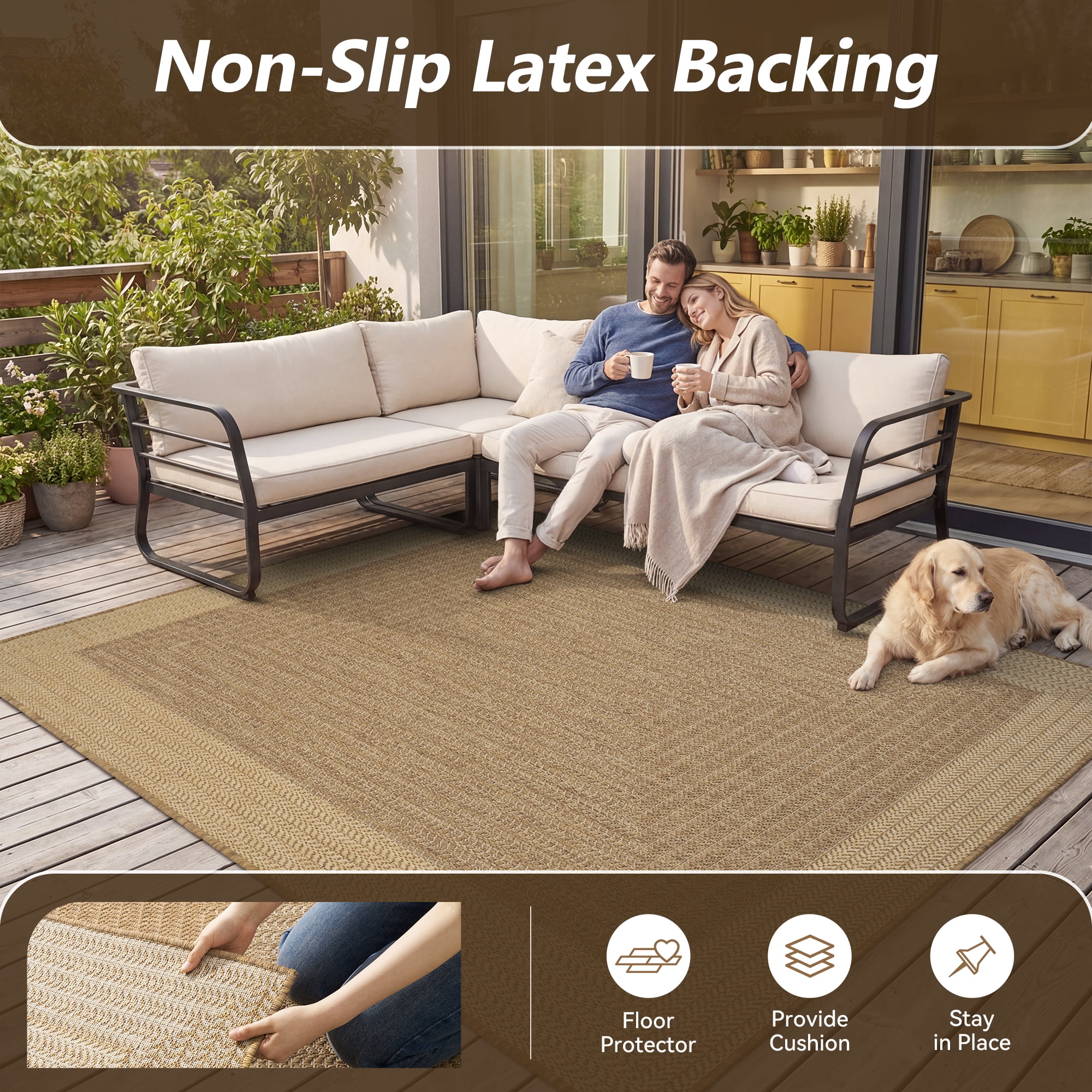 SIXHOME Outdoor Rugs 8'x10' Patio Rug Geometric Bordered Indoor Outdoor Rugs Polypropylene Washable Non Shedding, Easy Clean, Waterproof, Durable Outdoor Carpet for Porch Balcony Deck Neutral Brown
