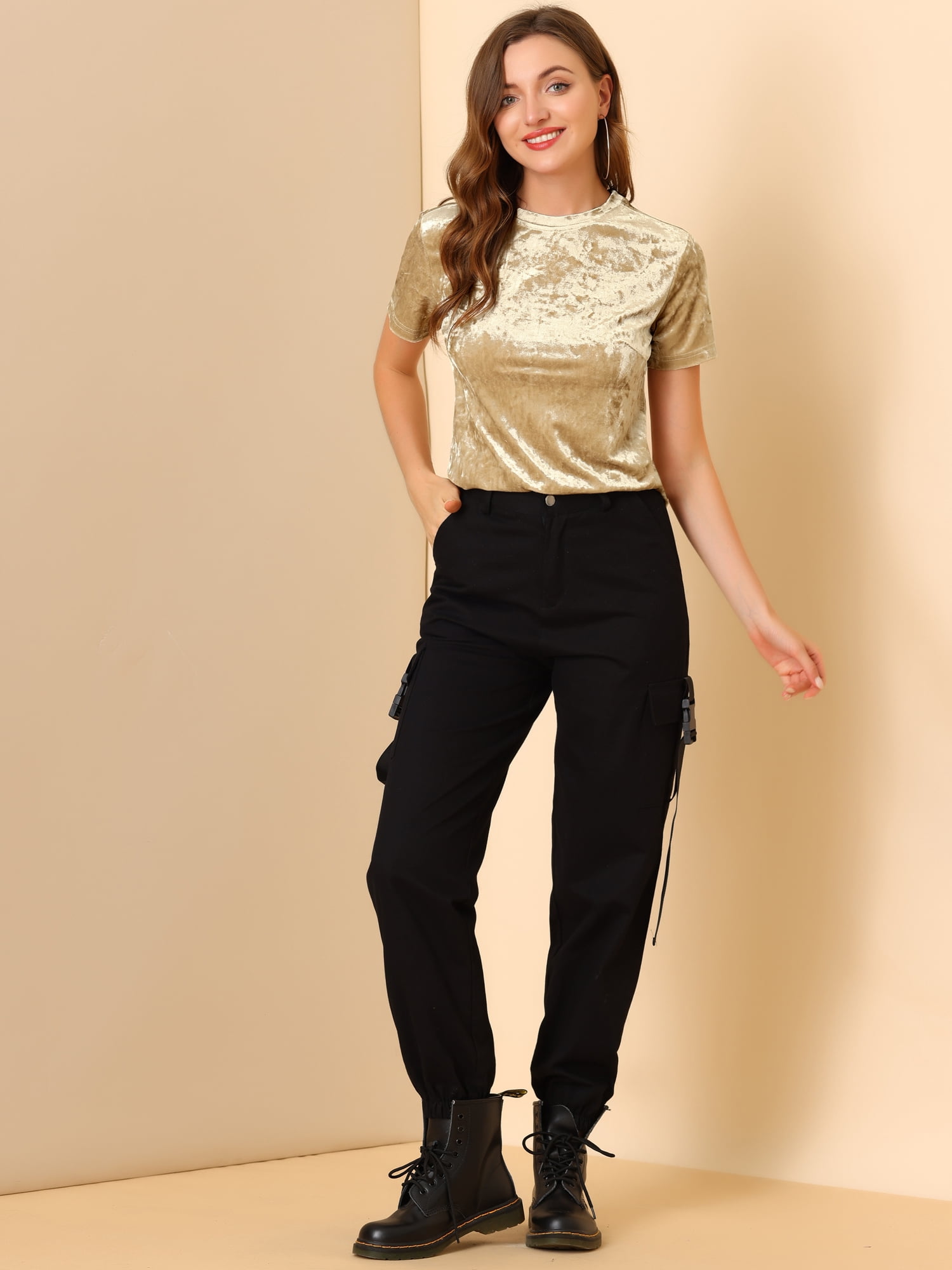 DARING DIVA Women's Velvet Blouse Tops Crew Neck Short Sleeve T-Shirt XL Light Beige