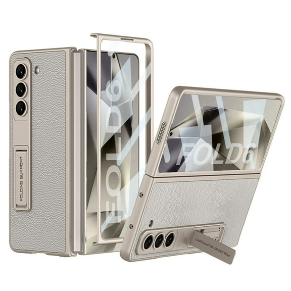 Dteck for Samsung Galaxy Z Fold 6 Case with Built-in Screen Protector, Adjustable Kickstand Slim Fit PU Leather Phone Cover for Smsung Z Fold6 5G,Titanium