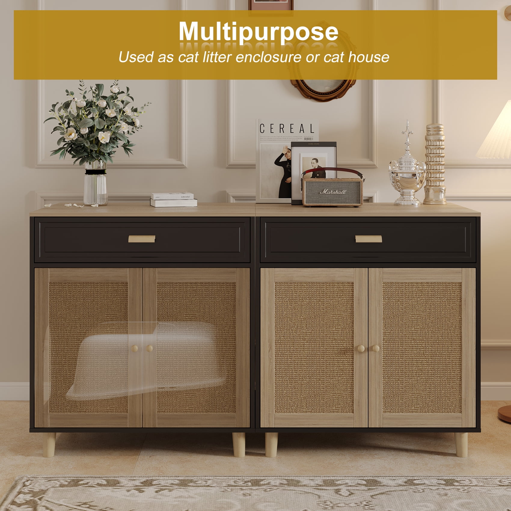 Faceket Large Hidden Indoor 2-in-1 Cat House and Washroom Cabinet Wooden Cat Litter Box Furniture with Scratching Board Doors and Drawer, Black