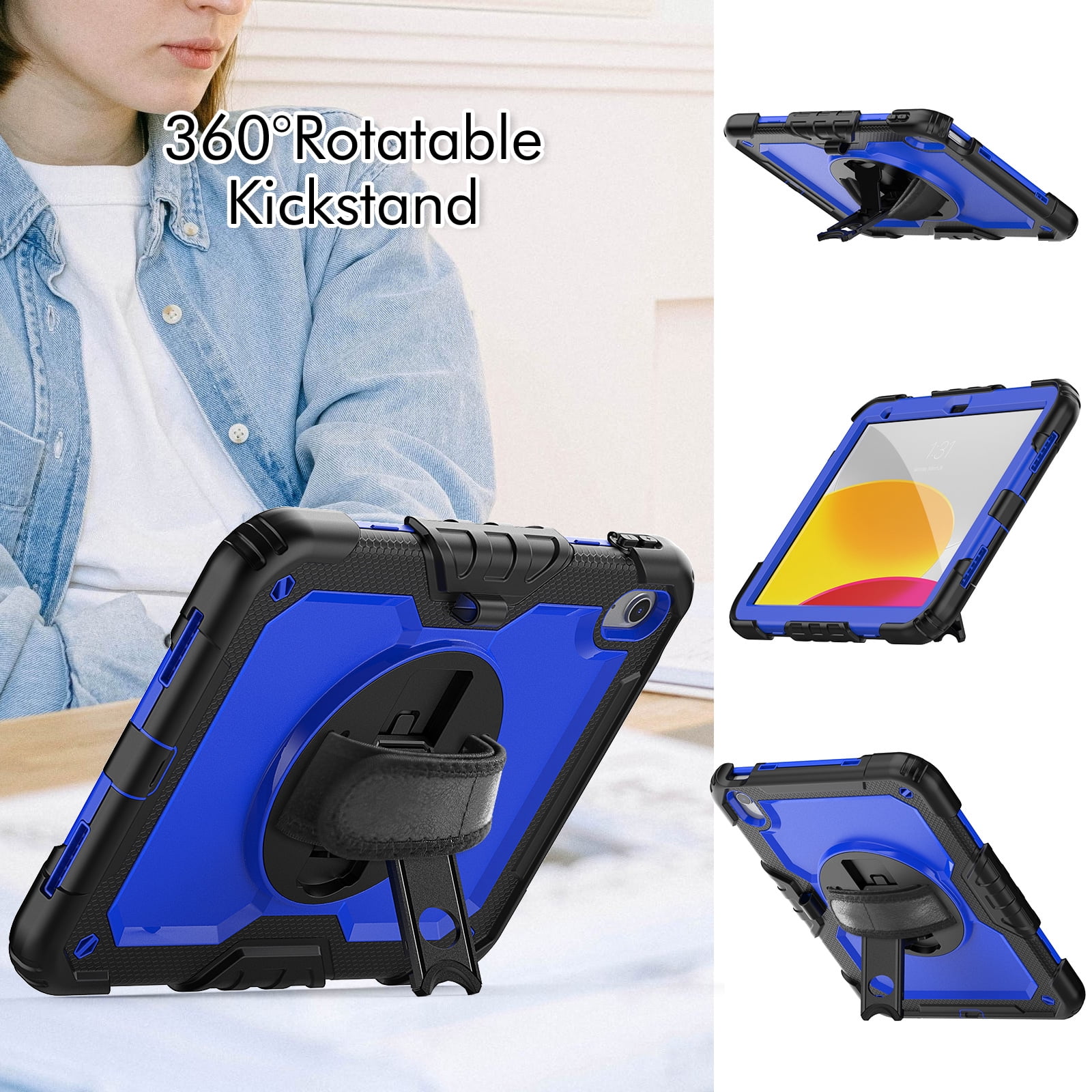 Allytech Shockproof Case for Apple iPad 11th 10th Gen 10.9 " with Build In Screen Protector, Rugged Rotating Stand Shoulder Strap Pencil Holder Bumper Kids Case for Apple iPad 10.9" 2025 2022