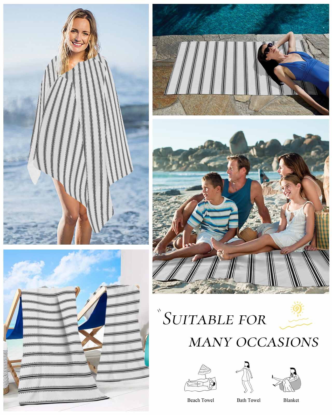 Black Striped Beach Towels Oversized Super Absorbent, Black White Stripes Farmhouse Lightweight Bath Towel Quick Dry Sets For Bathroom/Pool/Rv Camping/Beach Play/Gym Room/Picnic 35"x70"