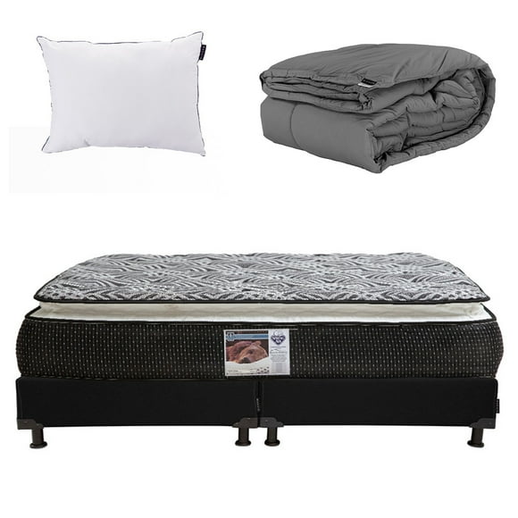 Colchón King Size Spring Air Omega con Box negro y Edredón Homy y Almohada One