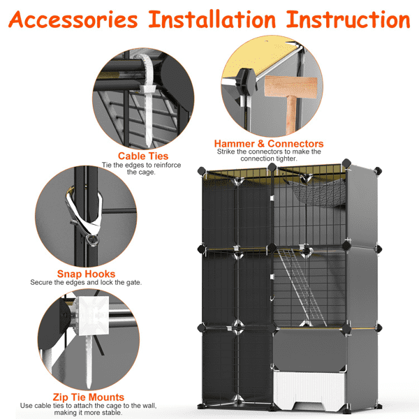 3‑Tier Multi‑Space Cat Enclosure Cage, Indoor Cat Play House with Litter Box Drawer, Reversible Hammock for Kittens, Rabbits, Chinchillas and Small Pets