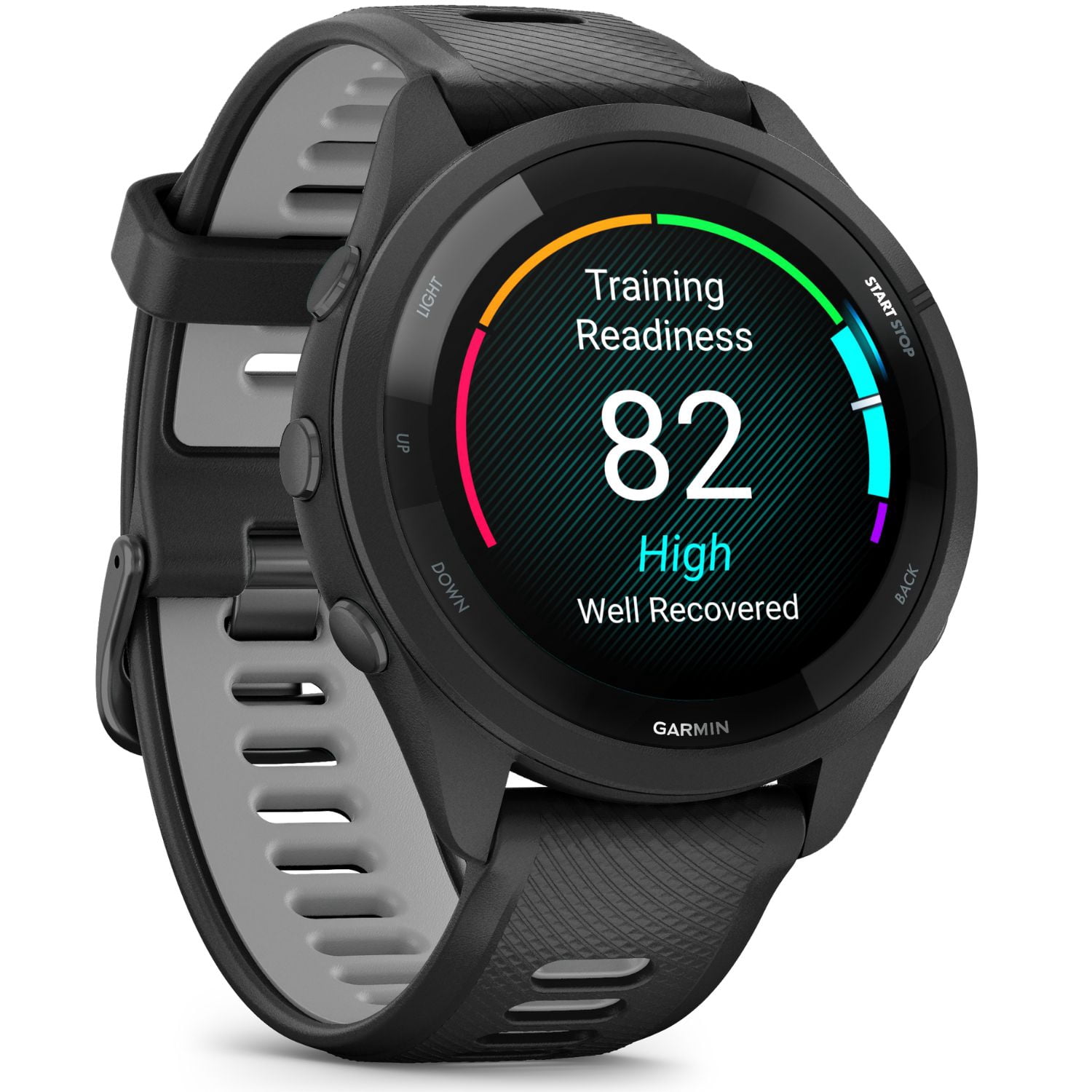 Garmin Forerunner 265 GPS Smartwatch - 46mm, Black/Powder Gray Bundle with Deco Essentials Charging Dock for Garmin Venu 3 + Silicone Dust Cover + Round Tempered Glass Screen Protector