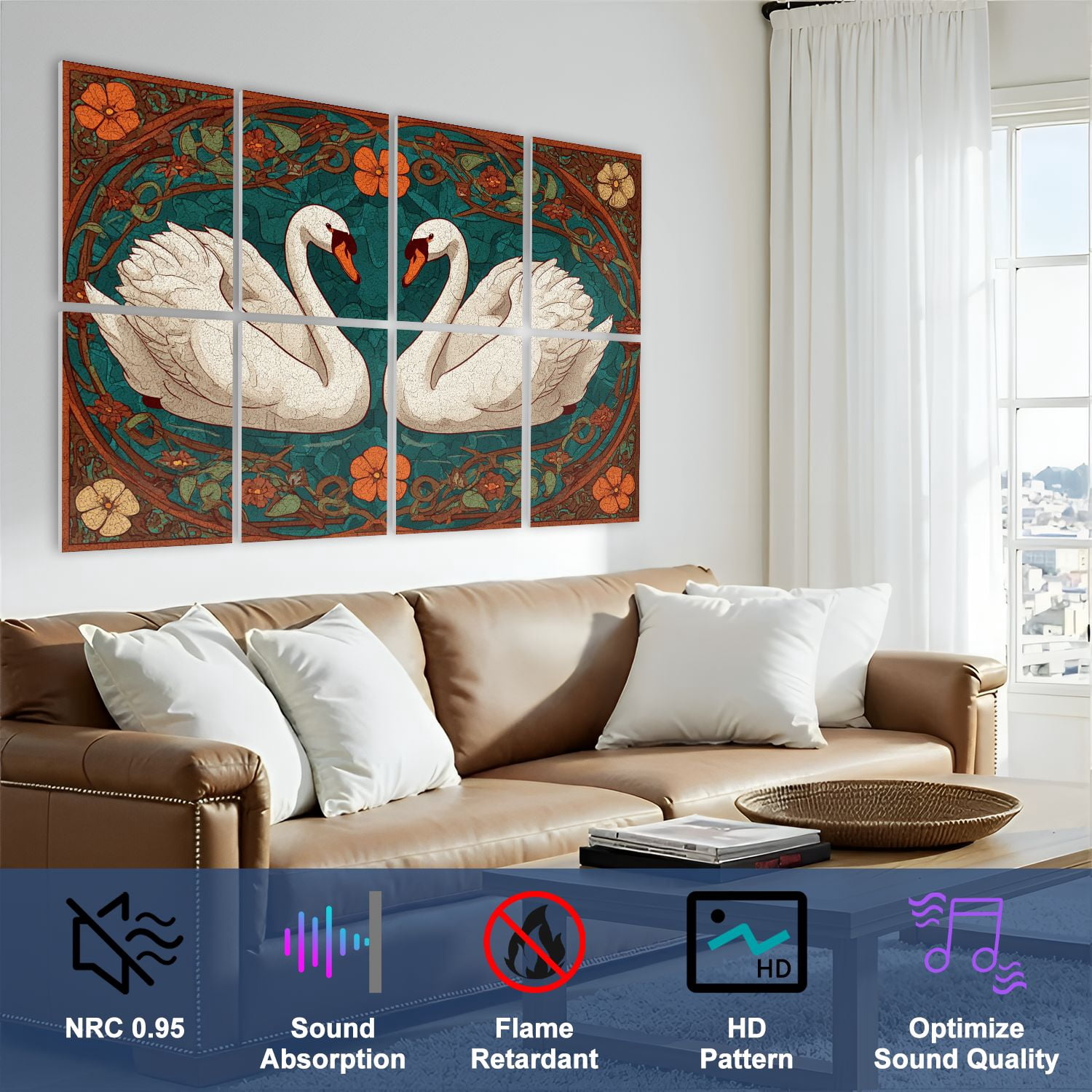 8 Pack Art Acoustic Panels Sound Absorbing Vintage Textured Romantic Swan Couple Victorian Framed Swan Art Decorative Soundproof Wall Panels Self Adhesive for Studio Home Office 48"x32"