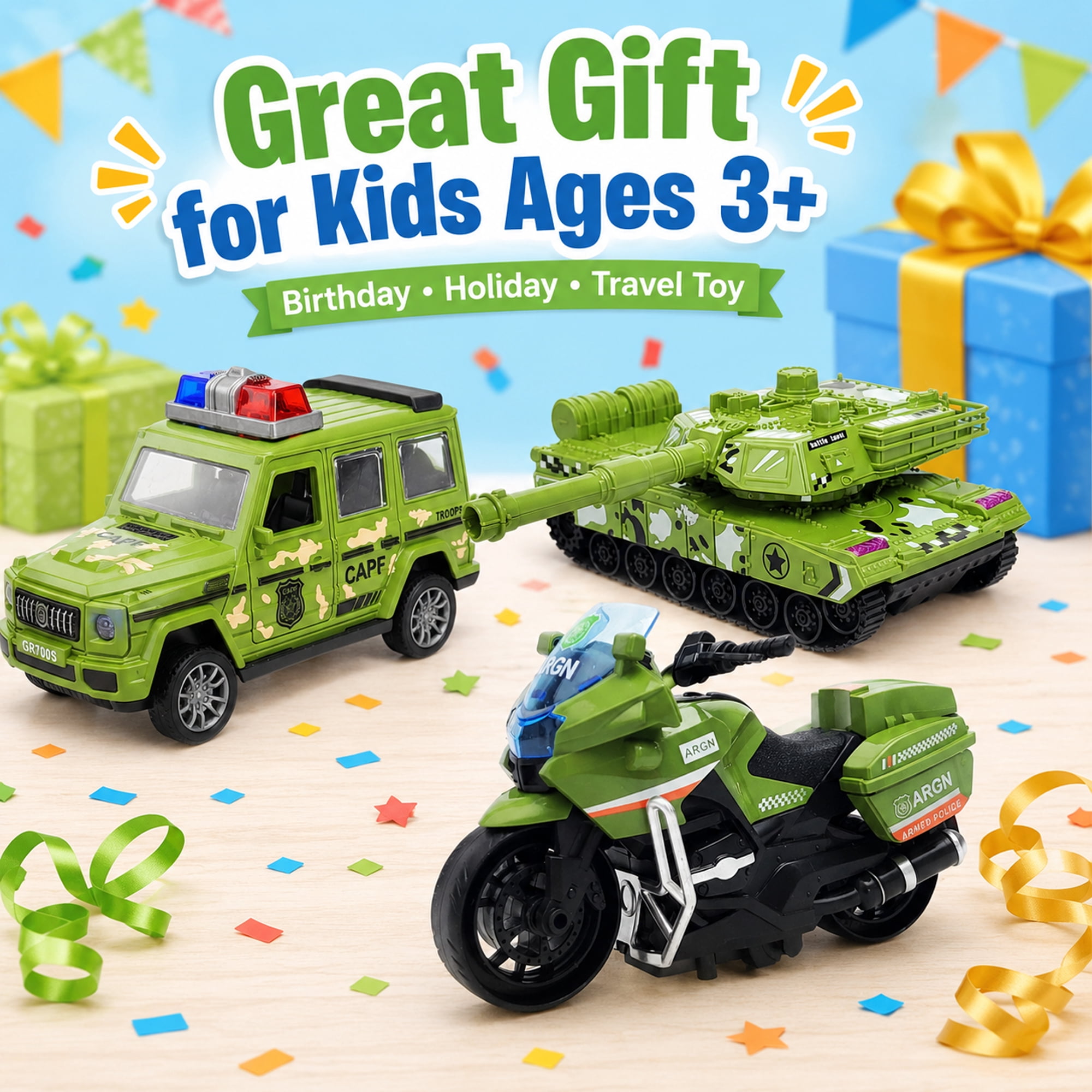 Friction Powered Vehicle Toys 3 Pack, Camouflage Tank Jeep Motorcycle Push and Go Toy Cars for Kids Ages 3+, No Battery Gift Set