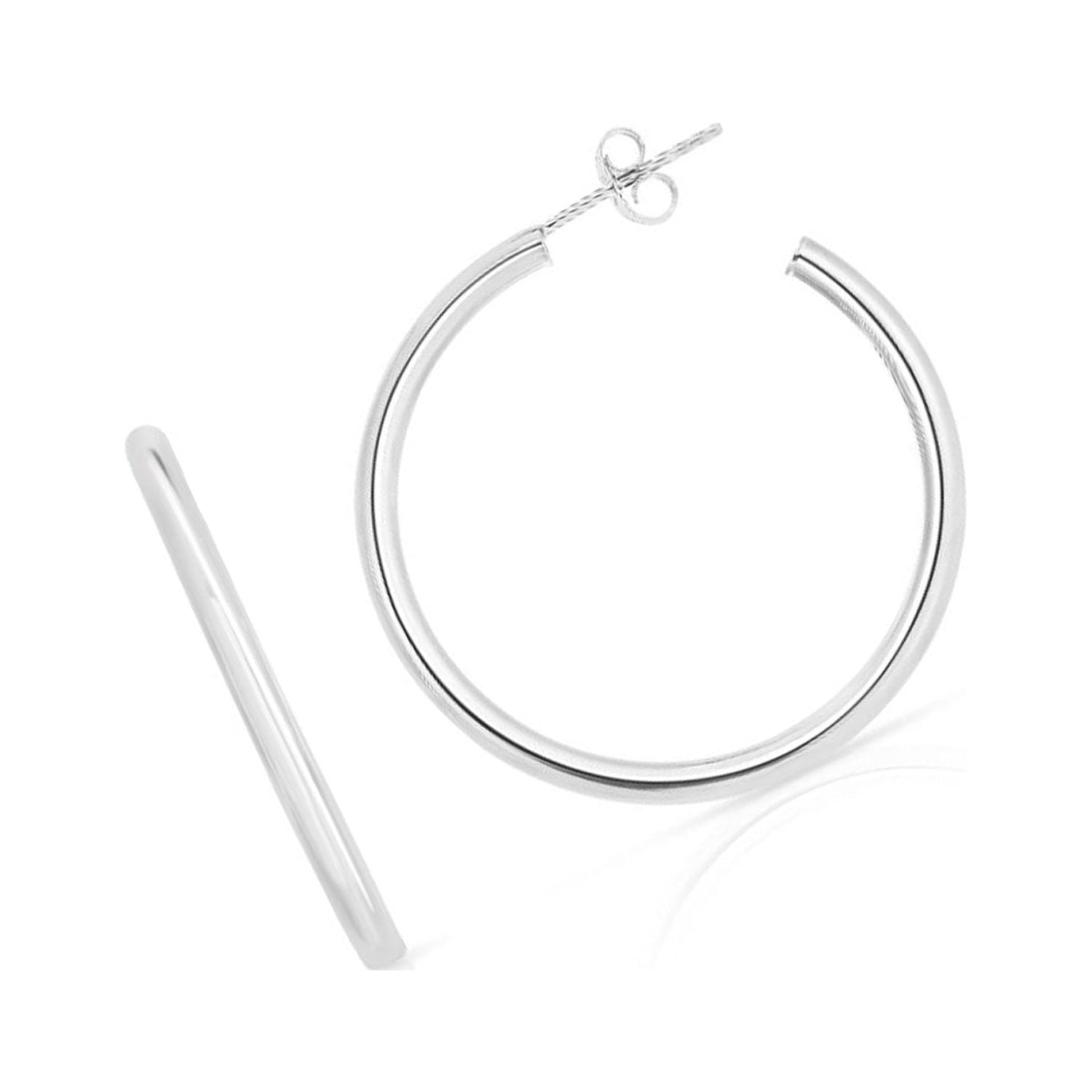 JewelStop Sterling Silver Polished Finish 40mm Round Tube C Hoop Earrings with Push Back closure.