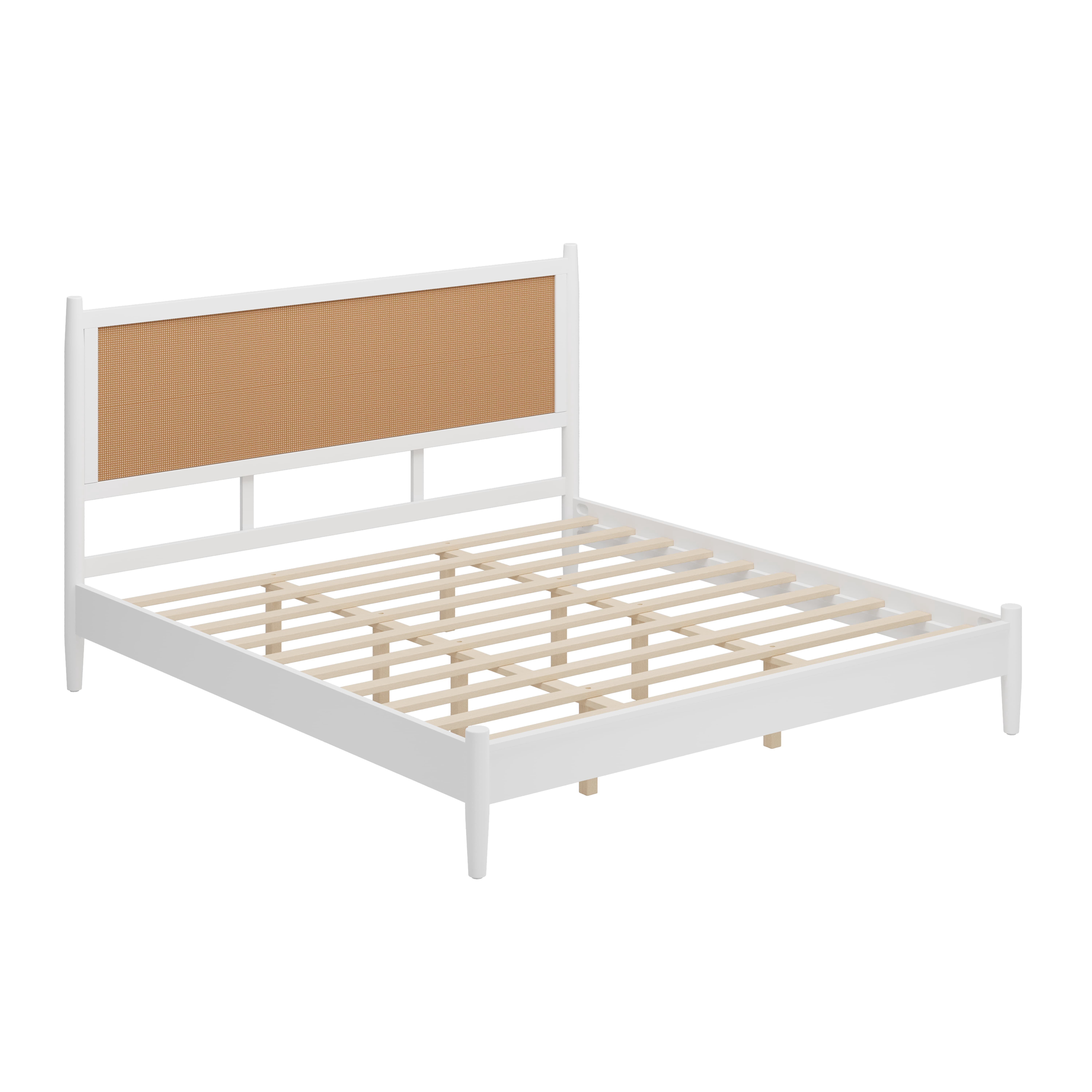 Euroco Modern Wood King Size Platform Bed with Rattan Headboard,Wicker Bed, No Box Spring Needed, White