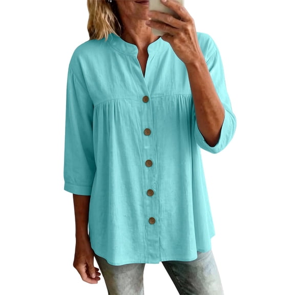 hoksml Plus Size Women Cotton Linen 3/4 Sleeve Stand Collar Button Down Shirt Casual Loose Tunic Blouse