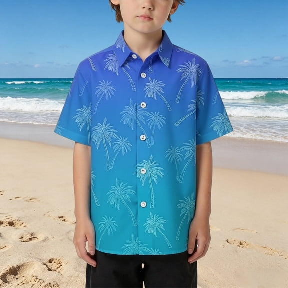 FYDUU Boys Shirts Short Sleeve Button Down Shirt Casual Tropical Print Hawaiian Shirts Fashion Vacation Beach Shirts Lightweight Breathable Summer Tops 5-6 Years