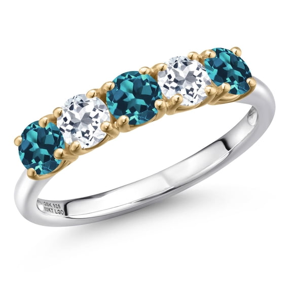 Gem Stone King 925 Silver and 10K Yellow Gold London Blue Topaz and White Topaz Wedding-Bands Ring for Women | 1.65 Cttw | Round 4MM | Gemstone November Birthstone | Size 6