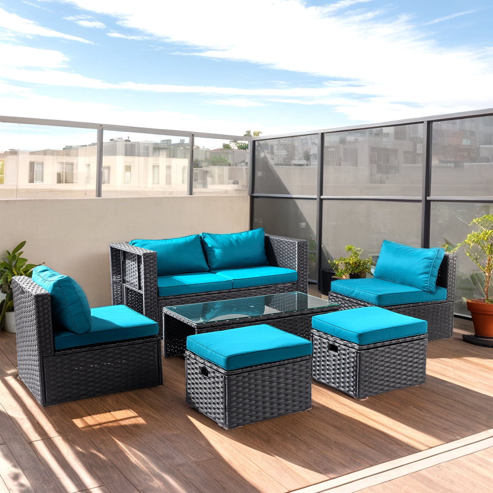 2pcs Armless Sofa + 2pcs Footstool + 1pcs Double Sofa + 1pcs Coffee Table With Storage Black Rattan And Peacock Green Cushions, Rattan Multi-Piece Set