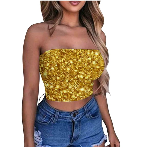 Byworldtasic Women's Sparkly Strapless Crop Top Glitter Sequin Tube Party Clubwear Top