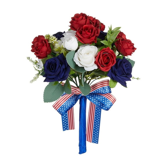 Twfbrm Patriotic Artificial Flowers Memorial Bouquet Artificial Red White and Blue Cemetery Flowers with American Flags for Grave 4th of July Memorial Day Independence Day Veterans Home Decoration