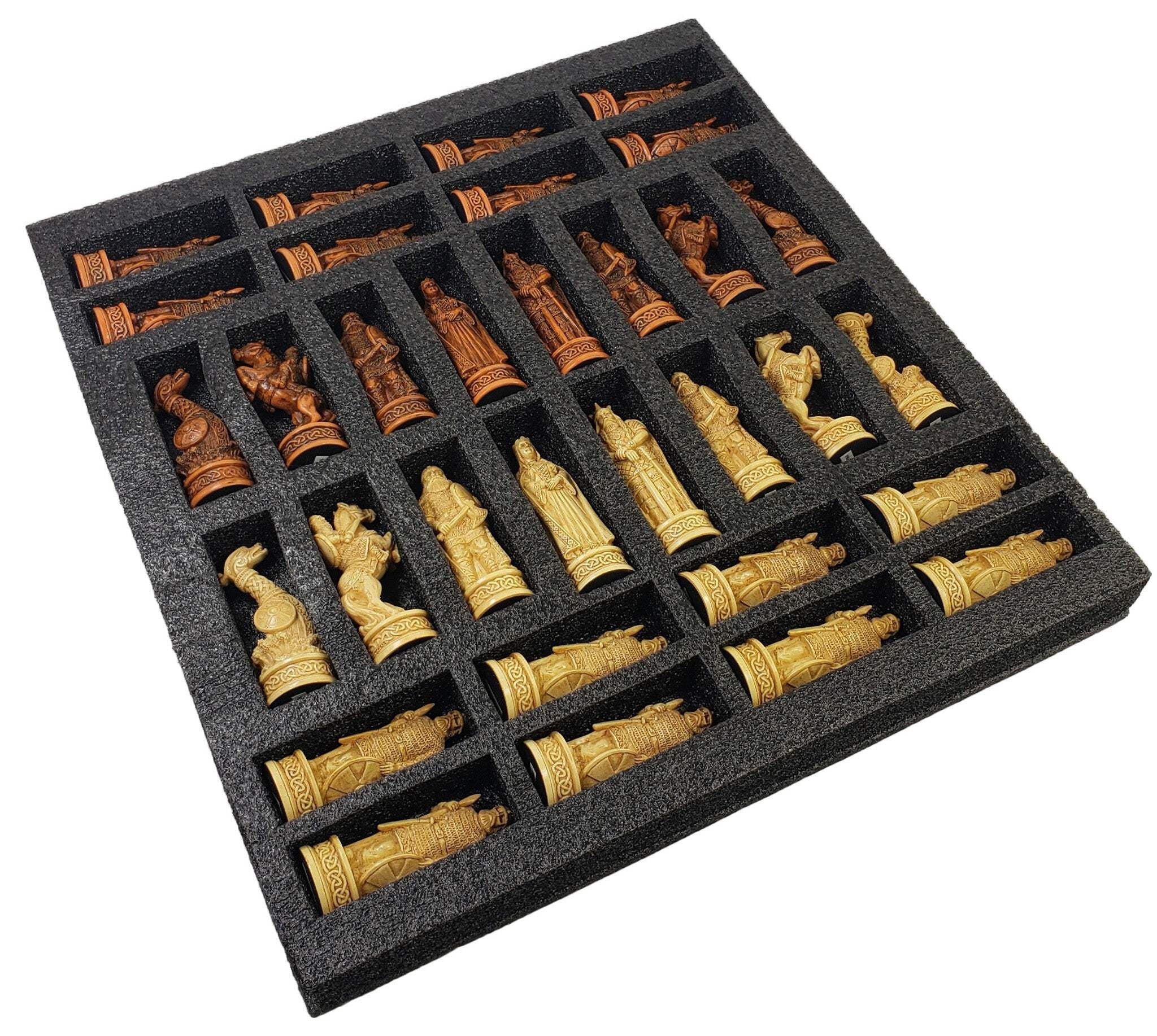 Antique White  Brown Norse Viking Chess Set 18" Black White Faux Leather Board