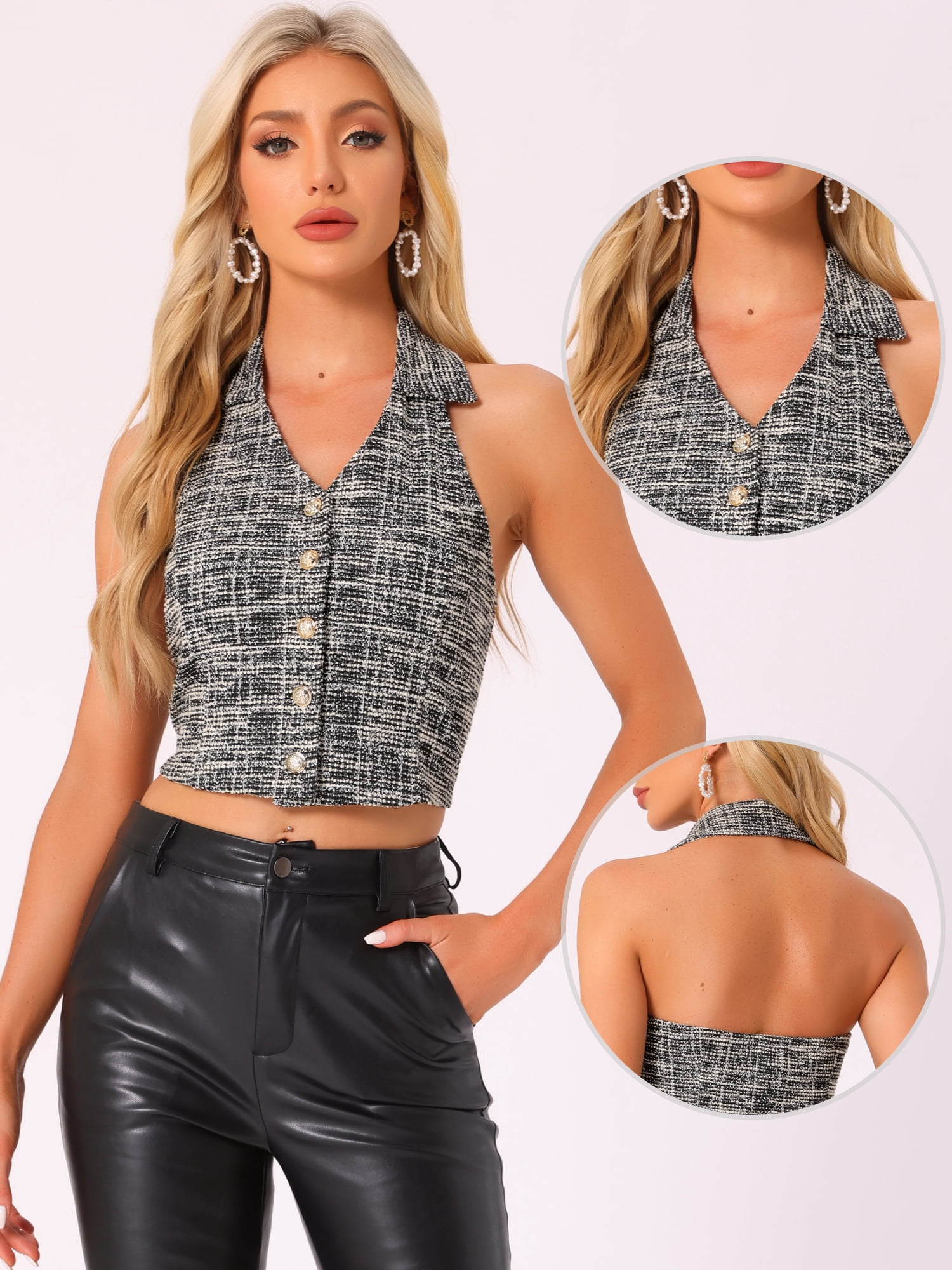 DARING DIVA Women's Tweed Sleeveless Vest Halter Neck Casual Waistcoat M Black