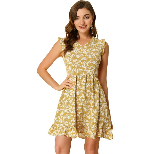 INSPIRE CHIC Robe Trapèze Décontractée Sans Manches à Col en V Imprimée Florale pour Femme Jaune TP