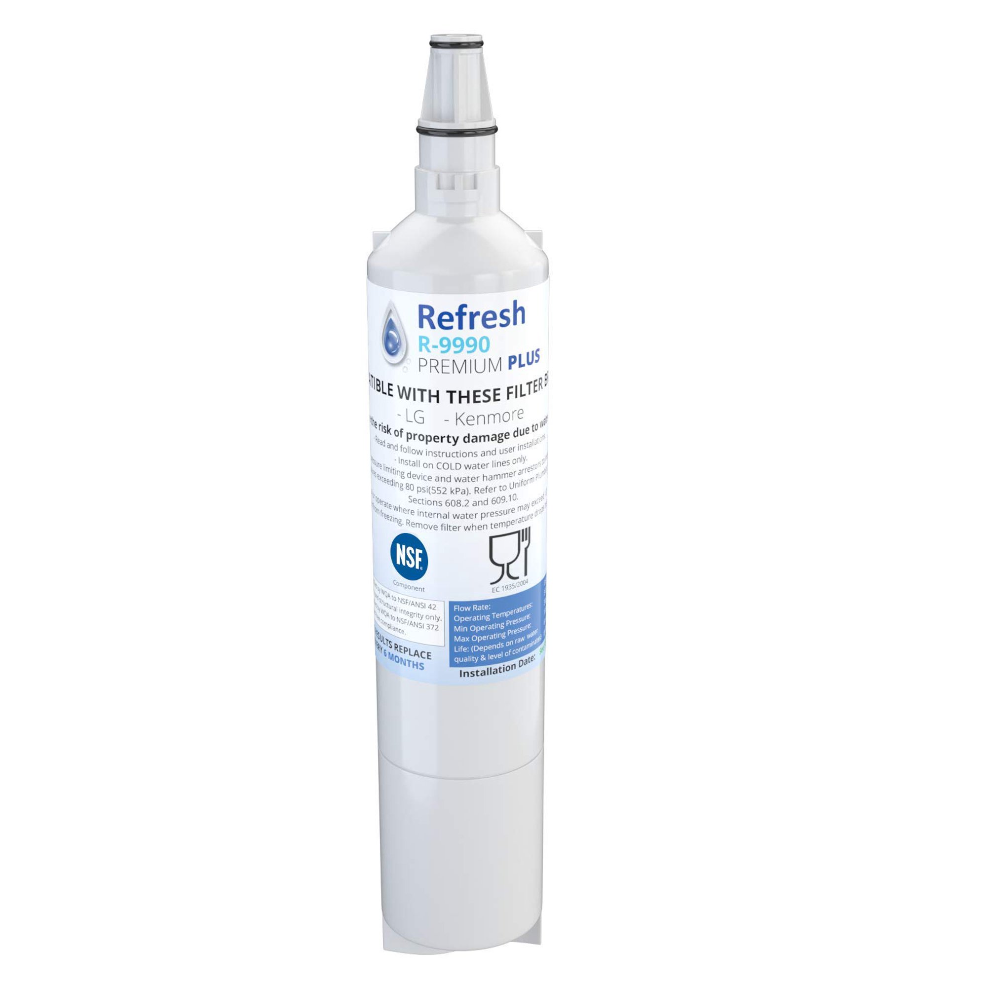 Refresh Plus R-9990 Refrigerator Water Filter Replacement for LG LT600P, LT600, 5231JA2006A, 5231JA2006B, 46-9990, NSF/ANSI 53 & 42, 6-Month, 1-Pack