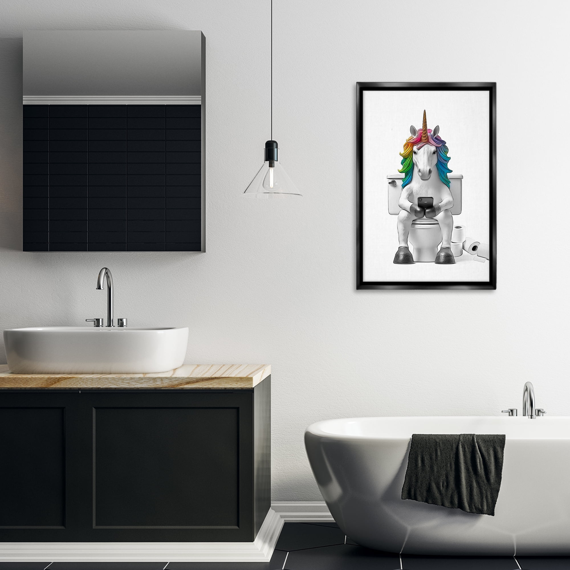 Stupell Industries Unicorn Texting on Toilet Typography Painting Black Floater Framed Canvas Art Print Wall Art, 21 x 31