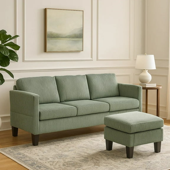 3 Seat L Shape Sofa,Small Sectional Sofa with Ottoman, Comfortable Corduroy Couch, Modern Convertable Couches for Living Room Apartments Small Space, Green