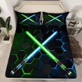 thumbnail image 2 of jejeloiu Neon Glowling Lightsaber Twin Sheet Sets,Abstract Geometric Honeycomb Twin Fitted Sheet,Green Blue Hexagon Flat Sheet For Kids,Luxury Bedroom Decor,3 Pieces, 2 of 7