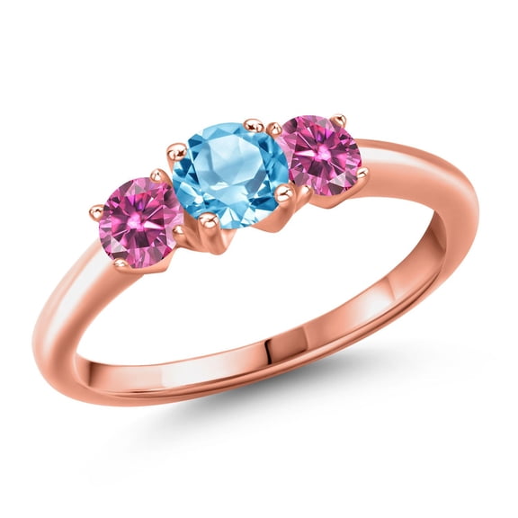 Gem Stone King 18K Rose Gold Plated Silver Swiss Blue Topaz and Pink Moissanite Engagement Ring for Women | 1.11 Cttw | Round 5MM | Gemstone November Birthstone | Size 5