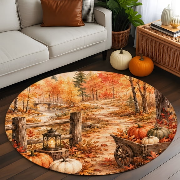 Thanksgiving Fall Round Area Rug 4 FT,Non Slip Indoor Outdoor Rug,Rustic Orange Pumpkin Maple Leaves Forest Washable Soft Circular Carpet Non-Shedding Floor Mat for Coffee Table Nursery Foyer Balcony